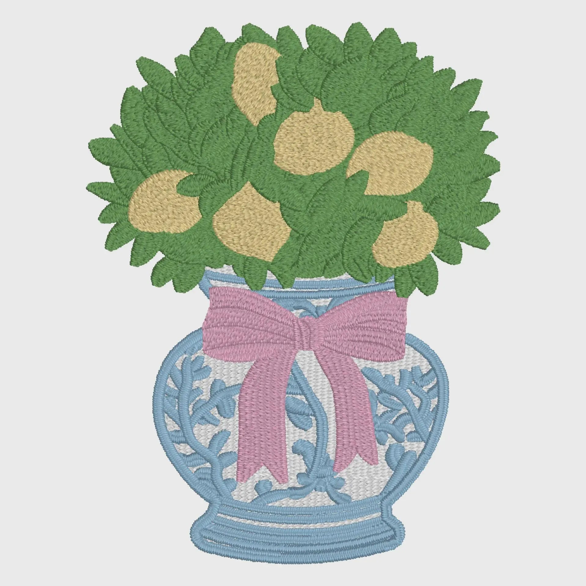 Lemon Tree Embroidery Design: Chinoiserie Ginger Jar, Coquette Bow (Digital Download)