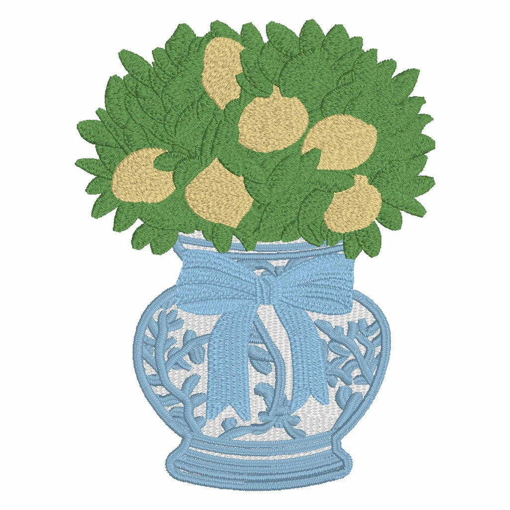 Lemon Tree Embroidery Design: Chinoiserie Ginger Jar, Coquette Bow (Digital Download)
