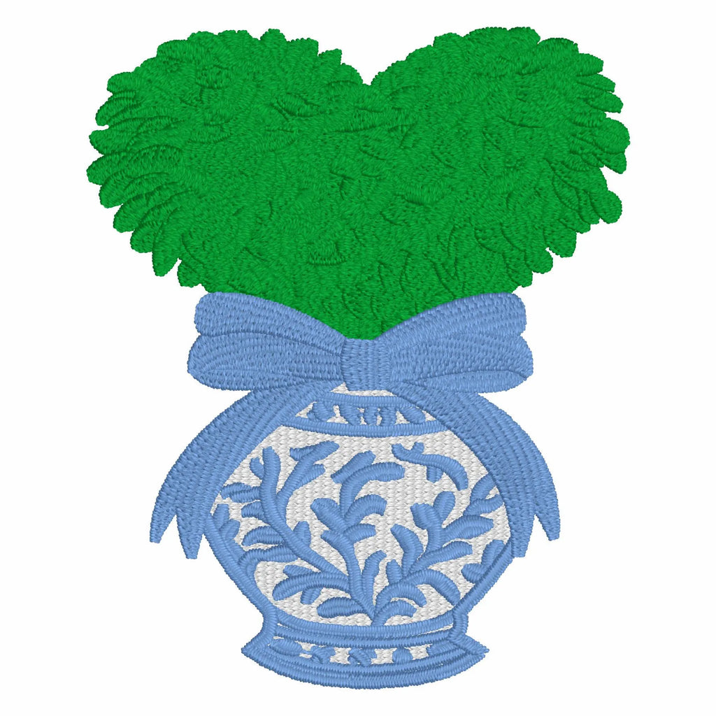 Heart Topiary Embroidery Design: Chinoiserie Ginger Jar, Bow (Digital Download)