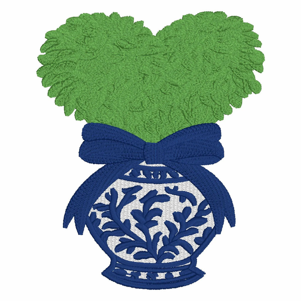 Heart Topiary Embroidery Design: Chinoiserie Ginger Jar, Bow (Digital Download)
