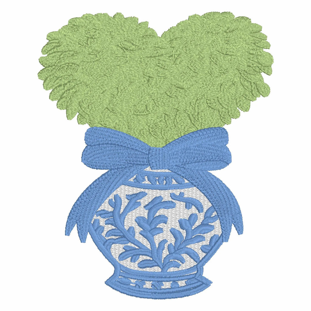 Heart Topiary Embroidery Design: Chinoiserie Ginger Jar, Bow (Digital Download)