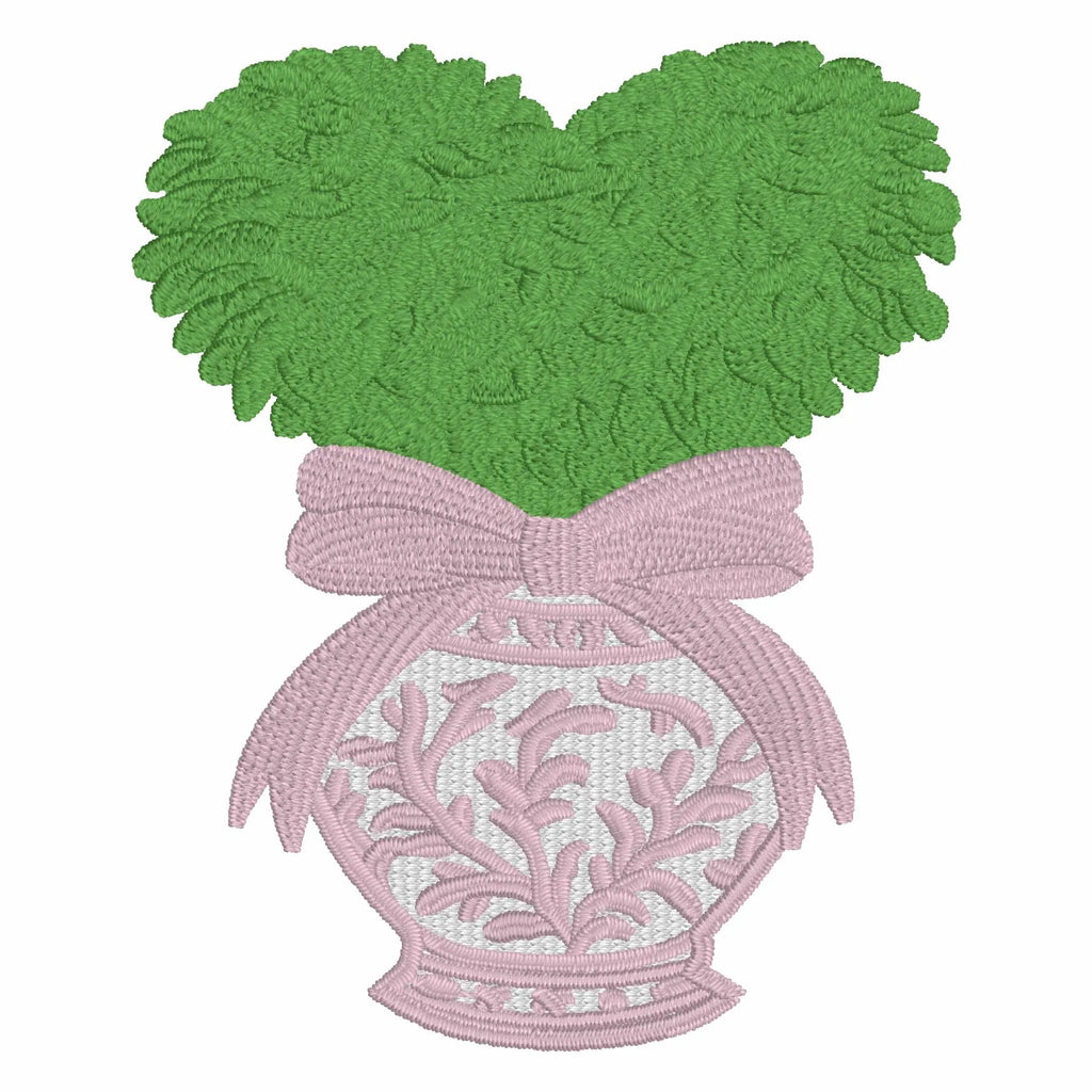 Heart Topiary Embroidery Design: Chinoiserie Ginger Jar, Bow (Digital Download)