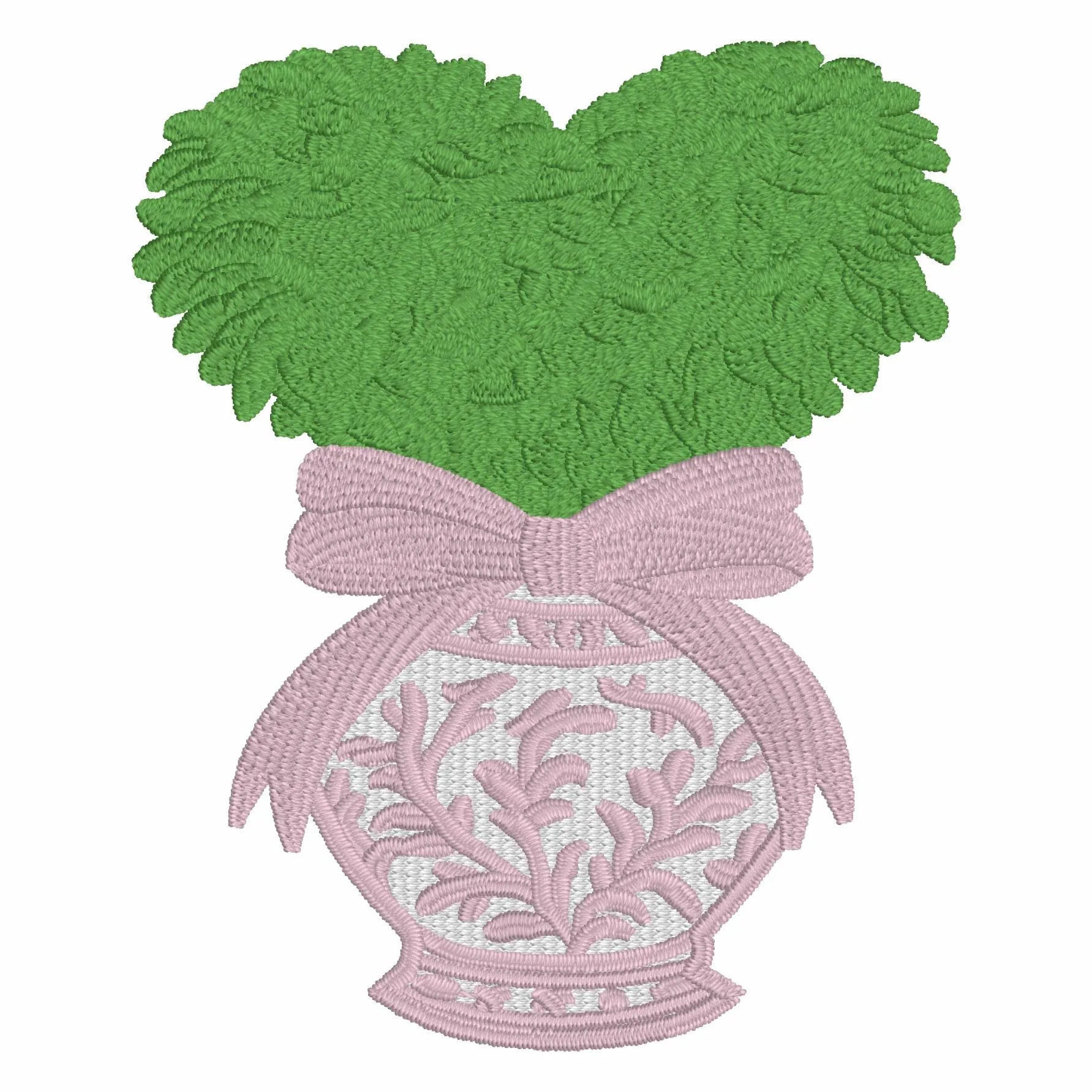 Heart Topiary Embroidery Design: Chinoiserie Ginger Jar, Bow (Digital Download)