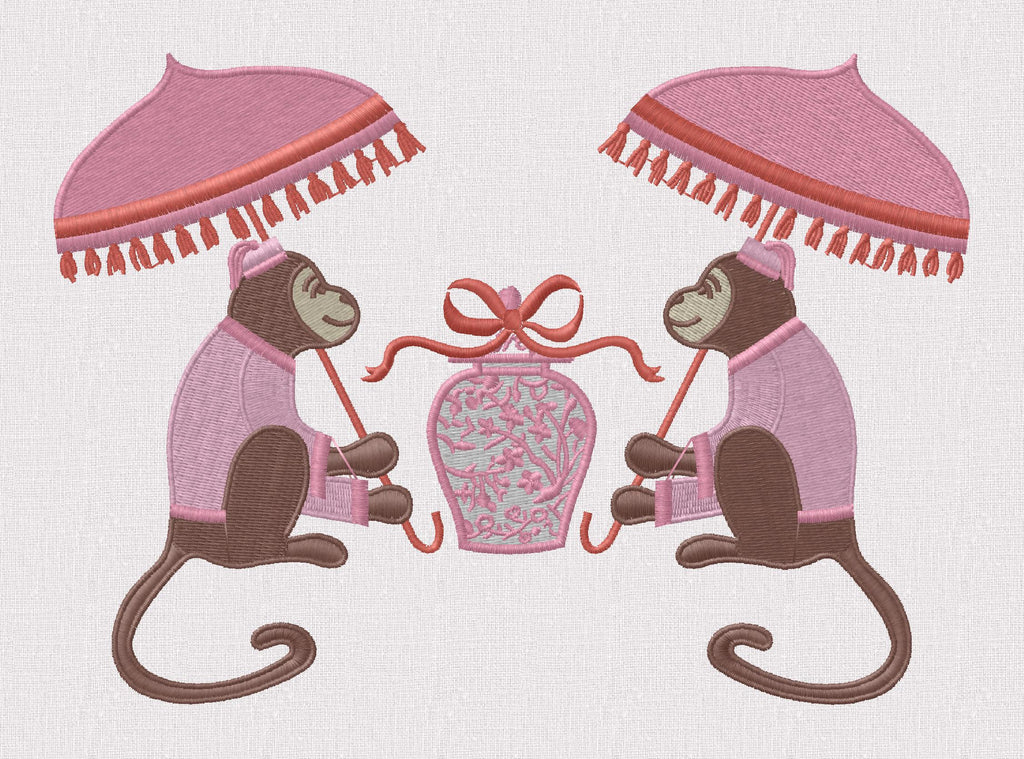 Chinoiserie Monkey & Ginger Jar Embroidery Design: Chimp with Parasol (9 Formats, Instant Download)