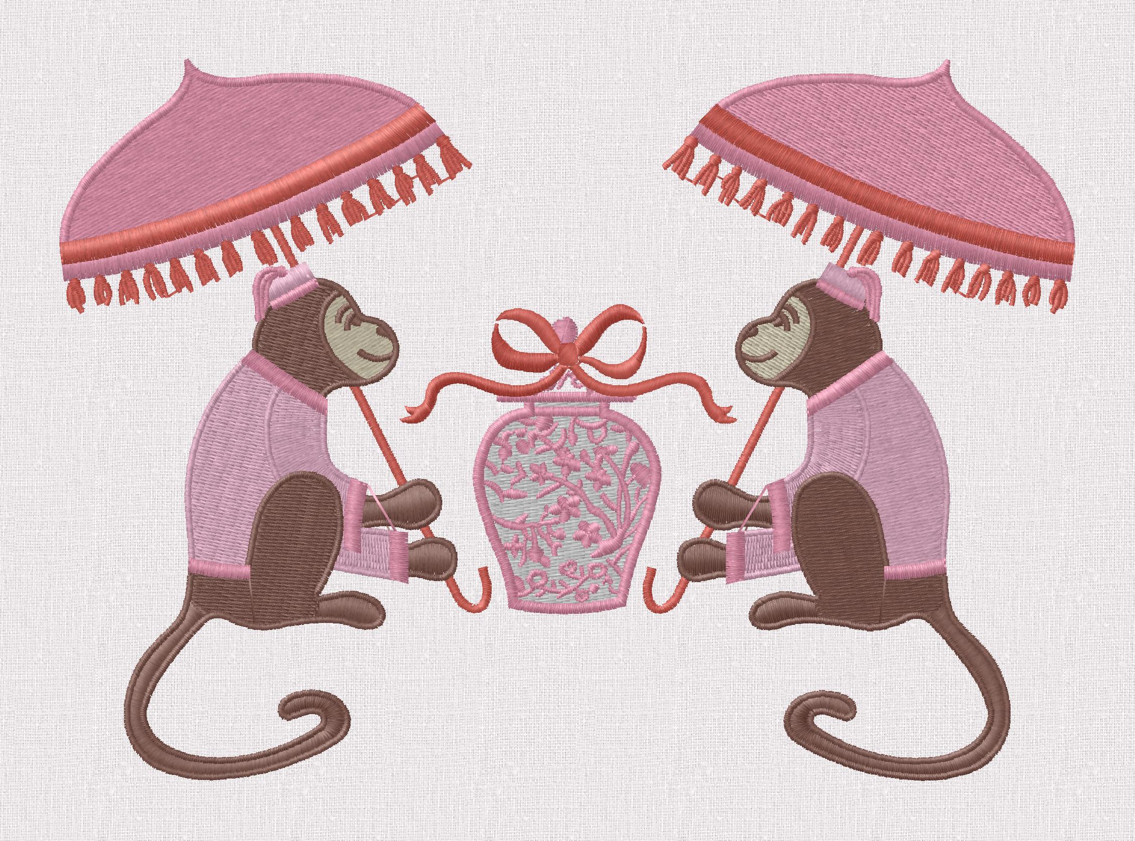 Chinoiserie Monkey & Ginger Jar Embroidery Design: Chimp with Parasol (9 Formats, Instant Download)
