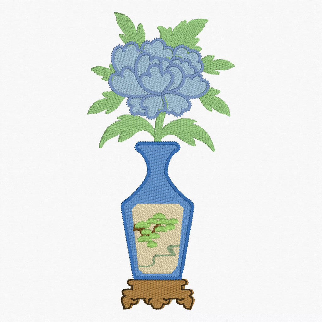 Japanese Chinoiserie Vase Embroidery File: Flower Design (2 Sizes, 10 Stitch Formats & SVG)