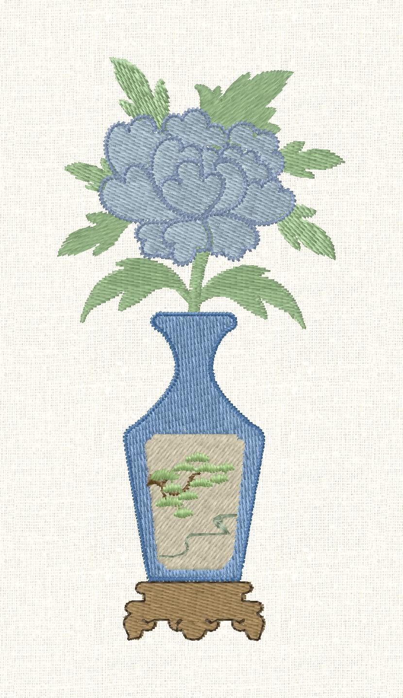Japanese Chinoiserie Vase Embroidery File: Flower Design (2 Sizes, 10 Stitch Formats & SVG)