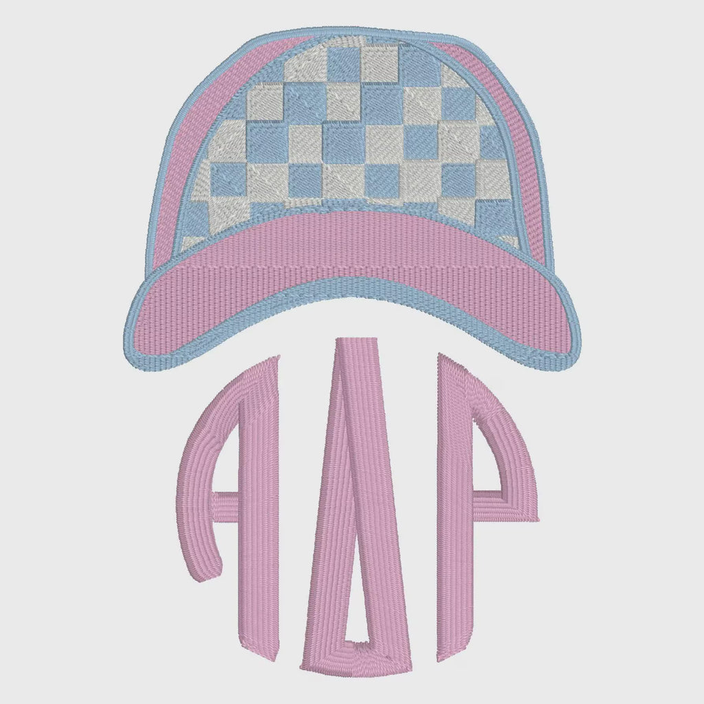 Gingham Ball Cap Embroidery Design: Preppy Monogram Topper (2 Sizes)