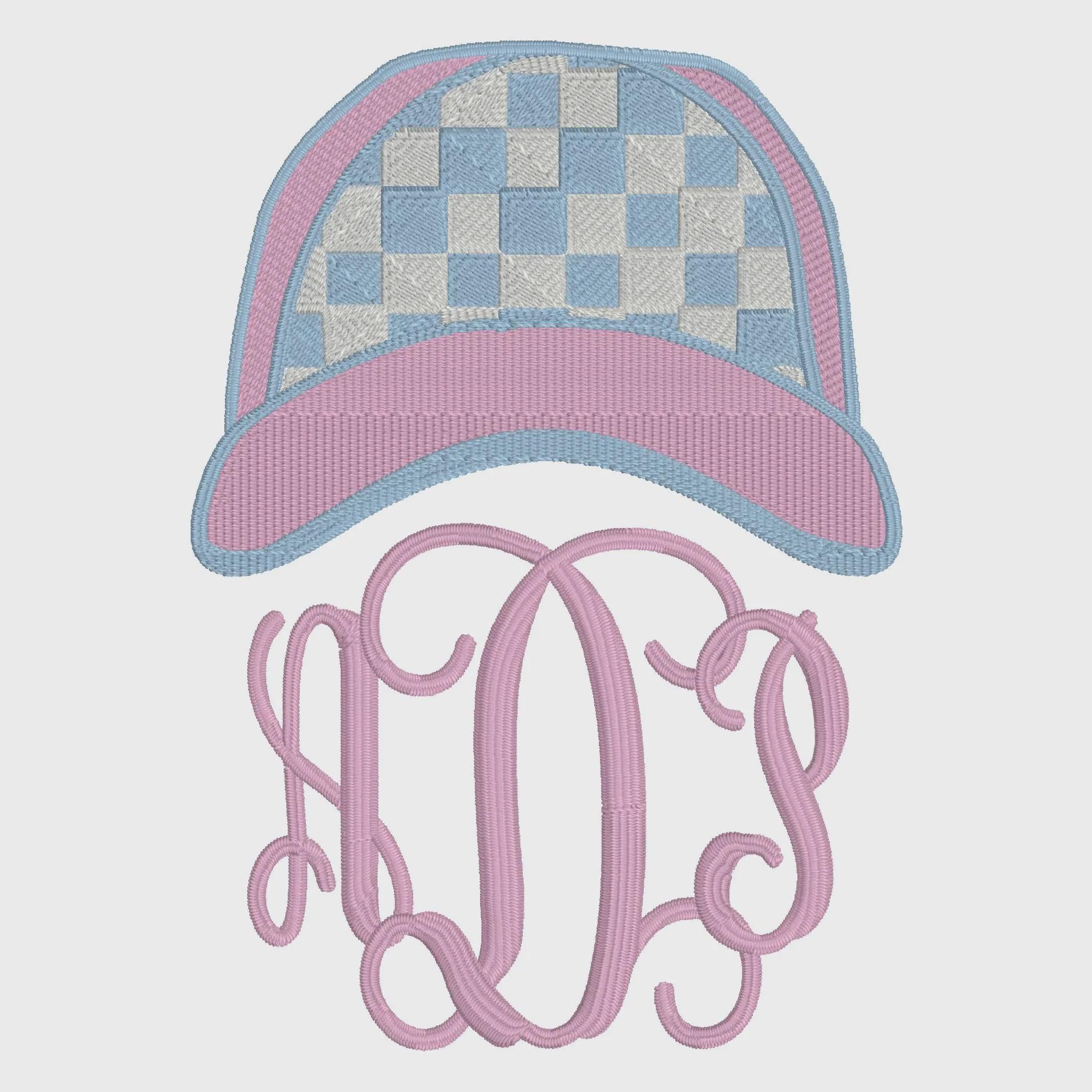 Gingham Ball Cap Embroidery Design: Preppy Monogram Topper (2 Sizes)