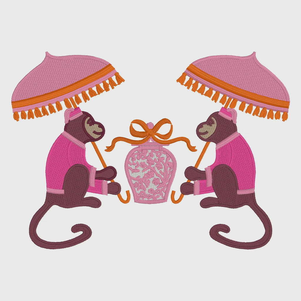 Chinoiserie Monkey & Ginger Jar Embroidery Design: Chimp with Parasol (9 Formats, Instant Download)