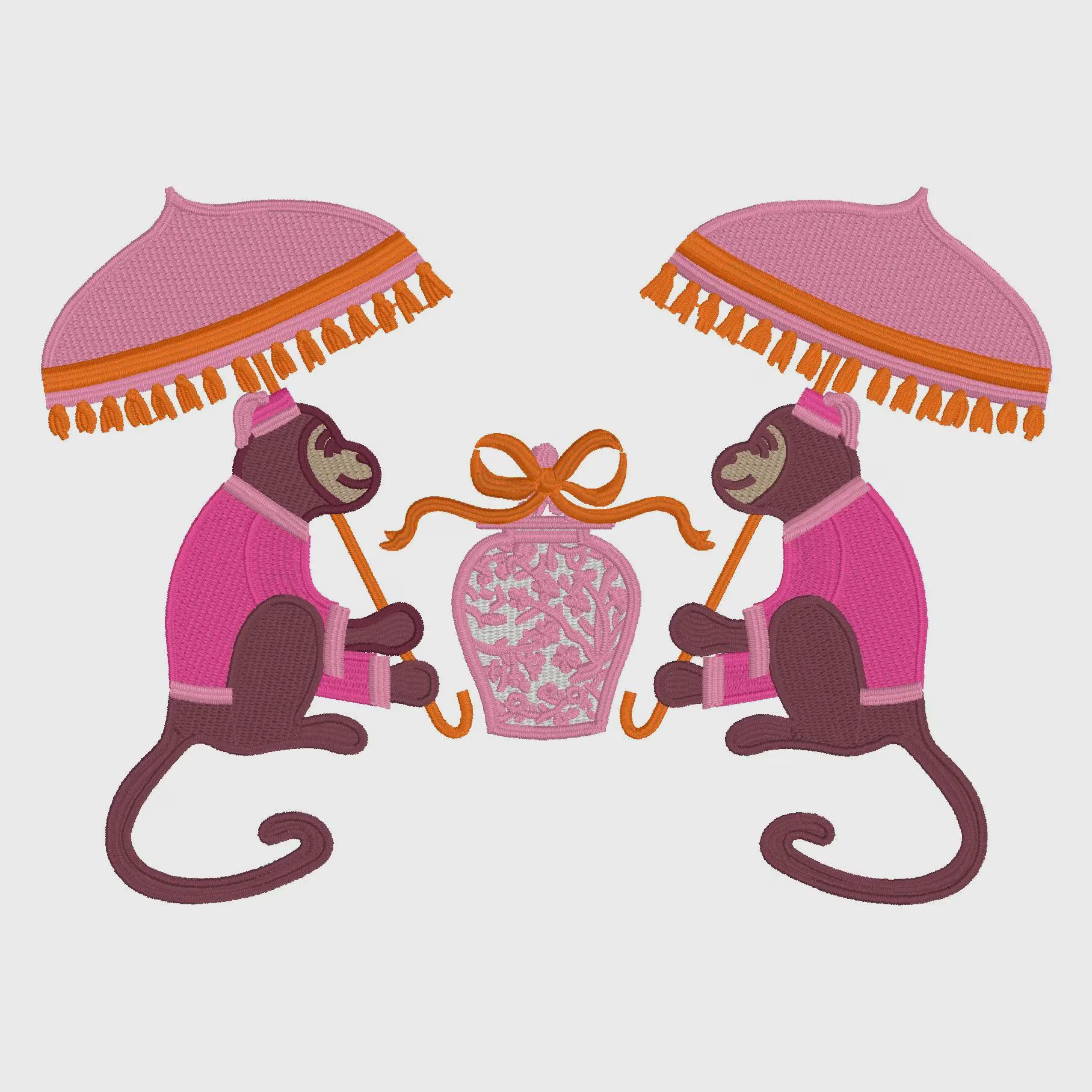 Chinoiserie Monkey & Ginger Jar Embroidery Design: Chimp with Parasol (9 Formats, Instant Download)