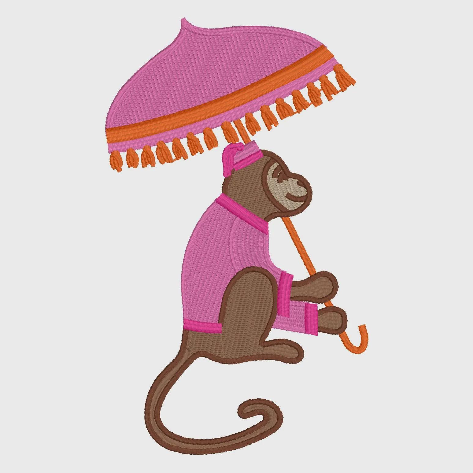 Chimp with Parasol/Umbrella Embroidery Design: Chinoiserie Monkey (Instant Download, 9 Formats)
