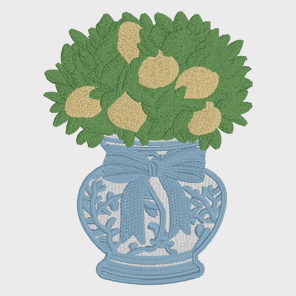 Lemon Tree Embroidery Design: Chinoiserie Ginger Jar, Coquette Bow (Digital Download)
