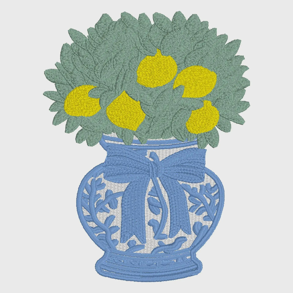 Lemon Tree Embroidery Design: Chinoiserie Ginger Jar, Coquette Bow (Digital Download)