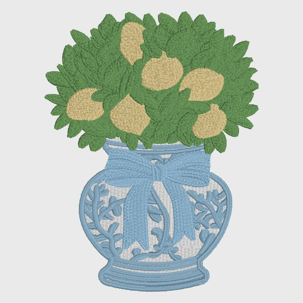 Lemon Tree Embroidery Design: Chinoiserie Ginger Jar, Coquette Bow (Digital Download)