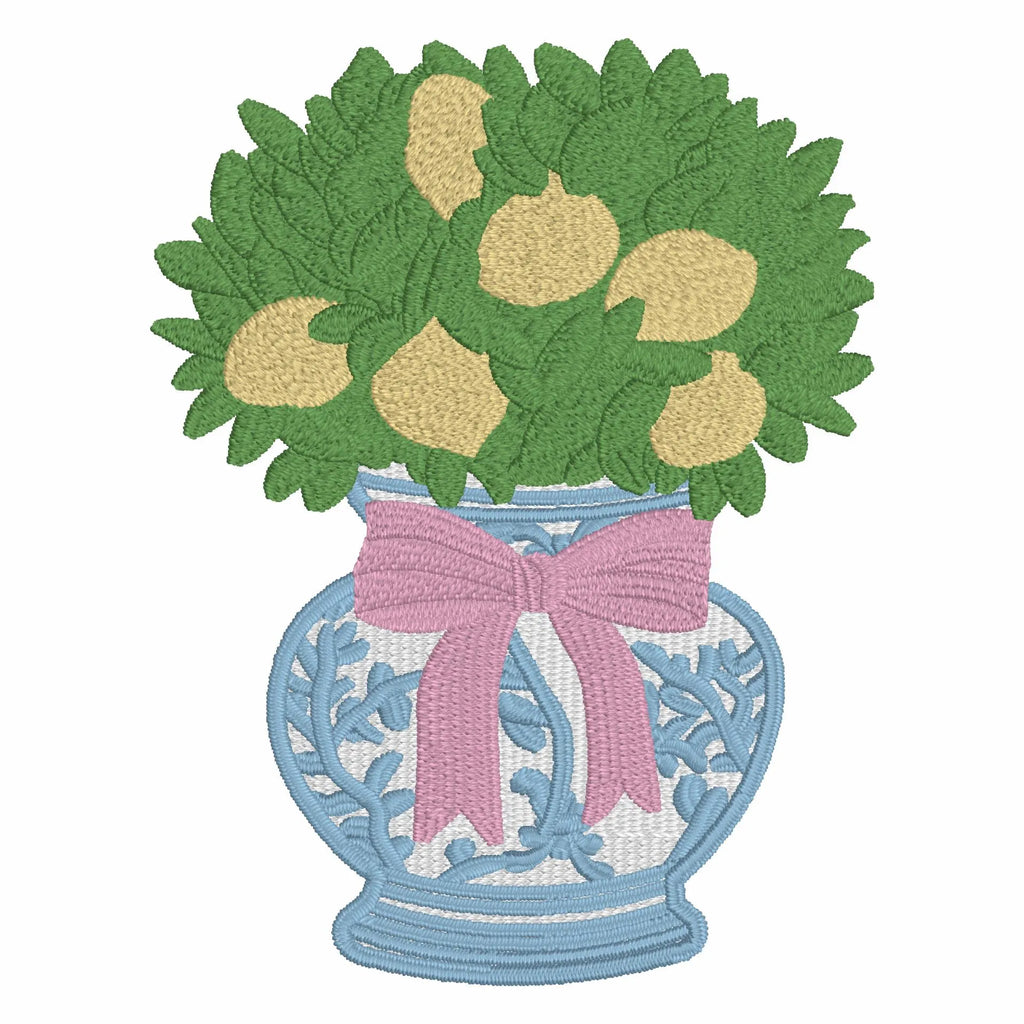 Lemon Tree Embroidery Design: Chinoiserie Ginger Jar, Coquette Bow (Digital Download)