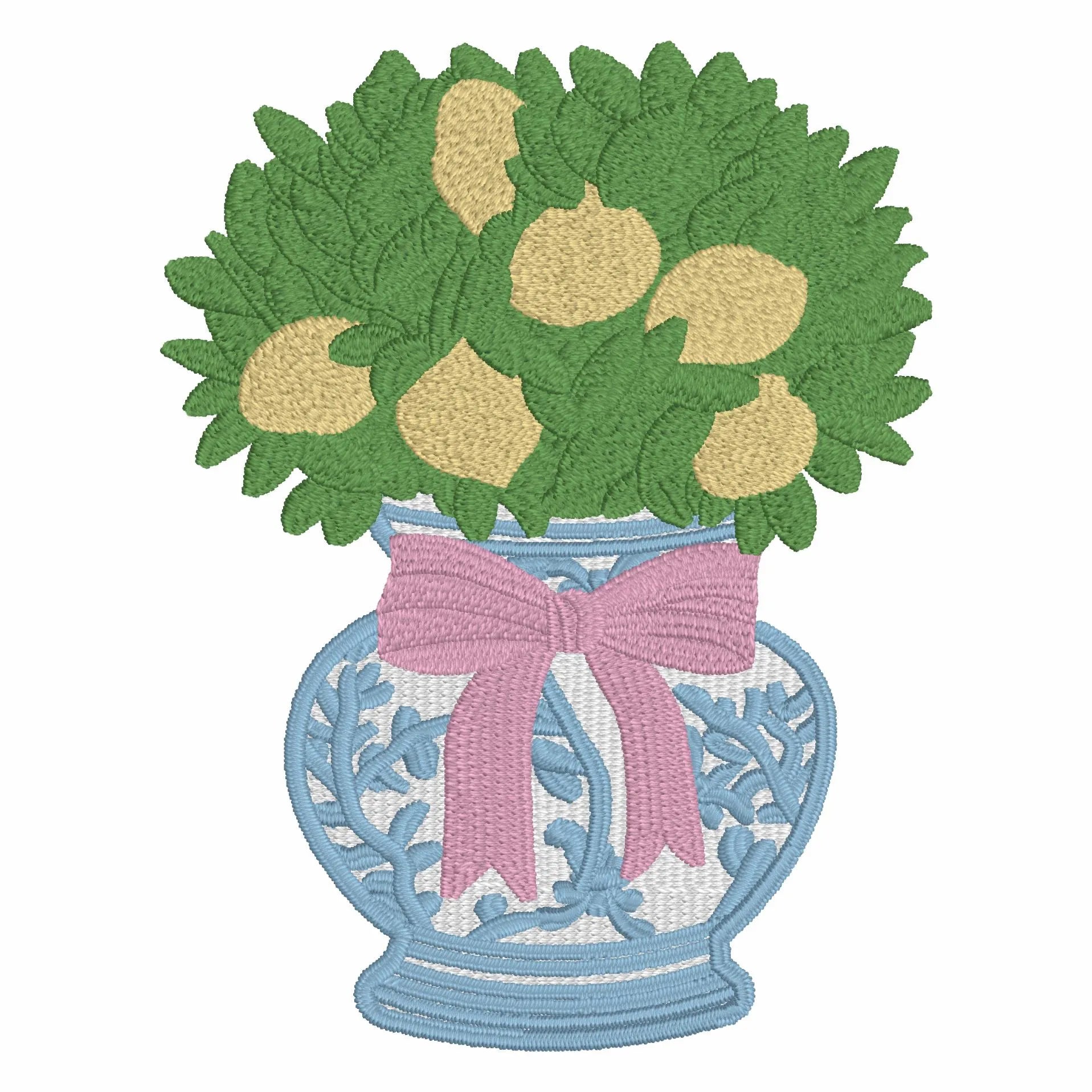 Lemon Tree Embroidery Design: Chinoiserie Ginger Jar, Coquette Bow (Digital Download)