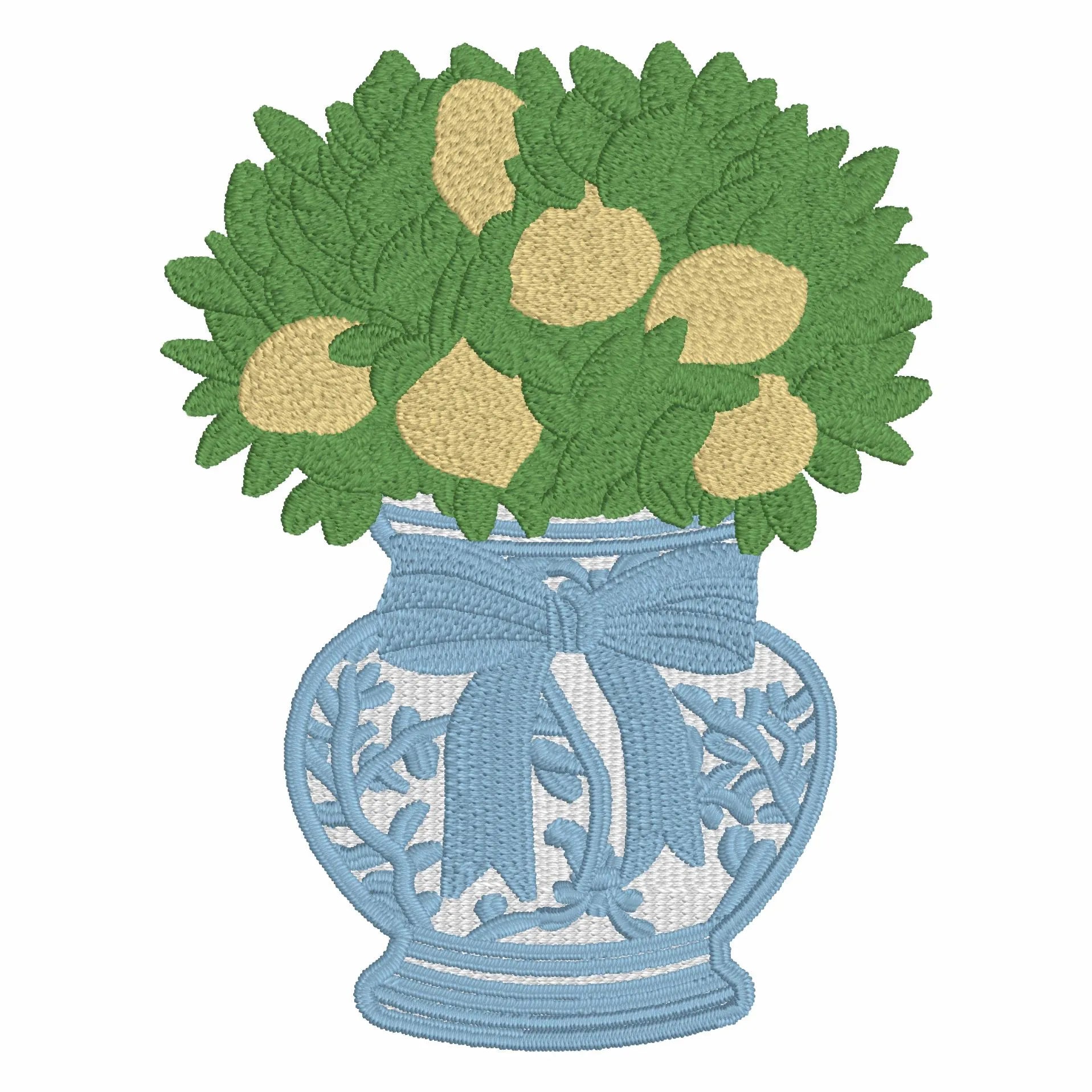 Lemon Tree Embroidery Design: Chinoiserie Ginger Jar, Coquette Bow (Digital Download)