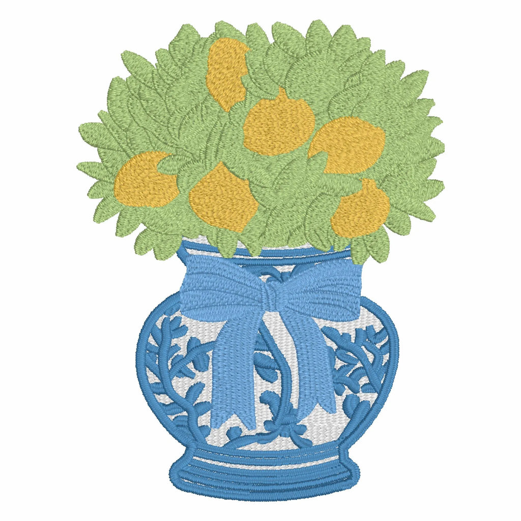 Lemon Tree Embroidery Design: Chinoiserie Ginger Jar, Coquette Bow (Digital Download)
