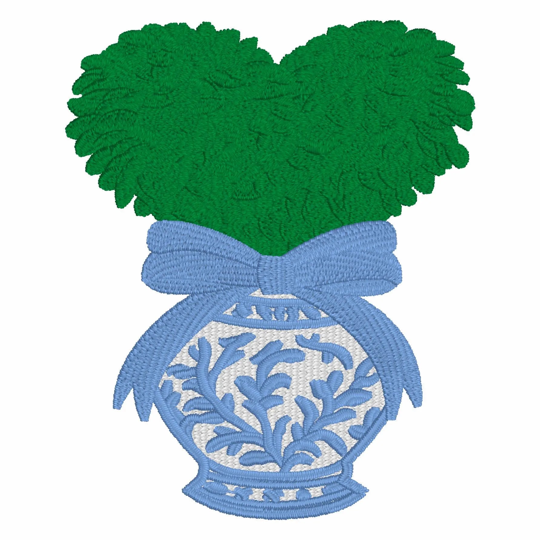 Heart Topiary Embroidery Design: Chinoiserie Ginger Jar, Bow (Digital Download)