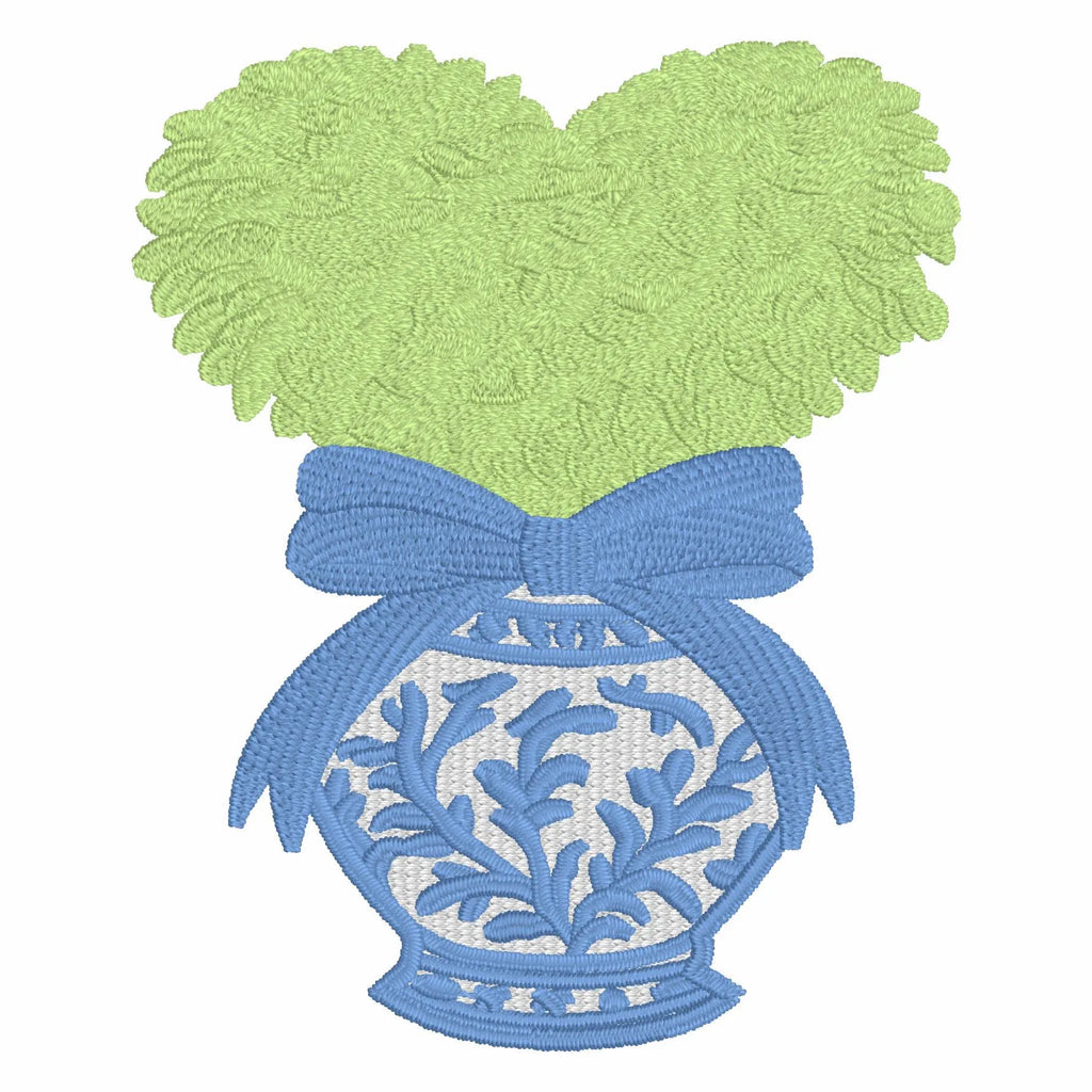 Heart Topiary Embroidery Design: Chinoiserie Ginger Jar, Bow (Digital Download)