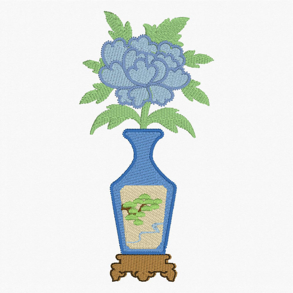Japanese Chinoiserie Vase Embroidery File: Flower Design (2 Sizes, 10 Stitch Formats & SVG)