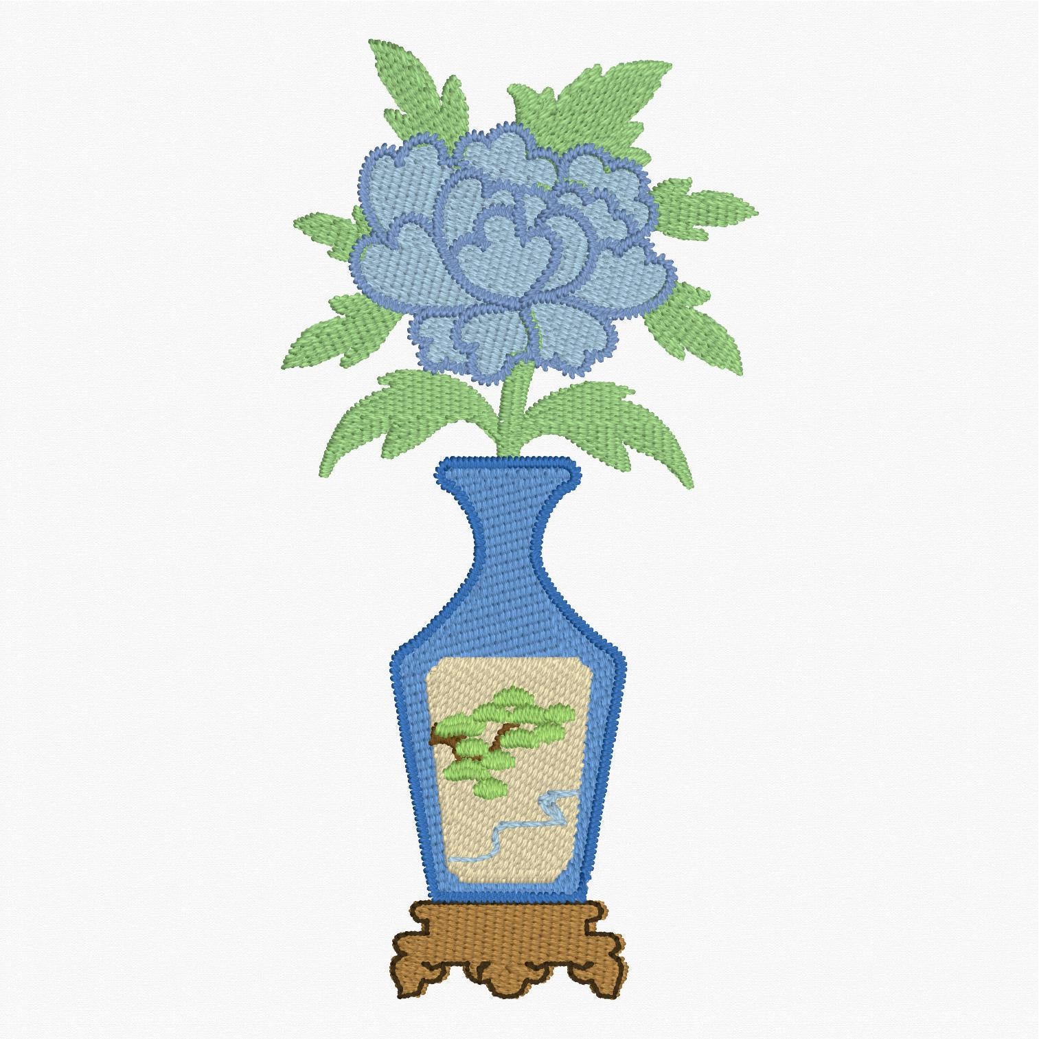Japanese Chinoiserie Vase Embroidery File: Flower Design (2 Sizes, 10 Stitch Formats & SVG)