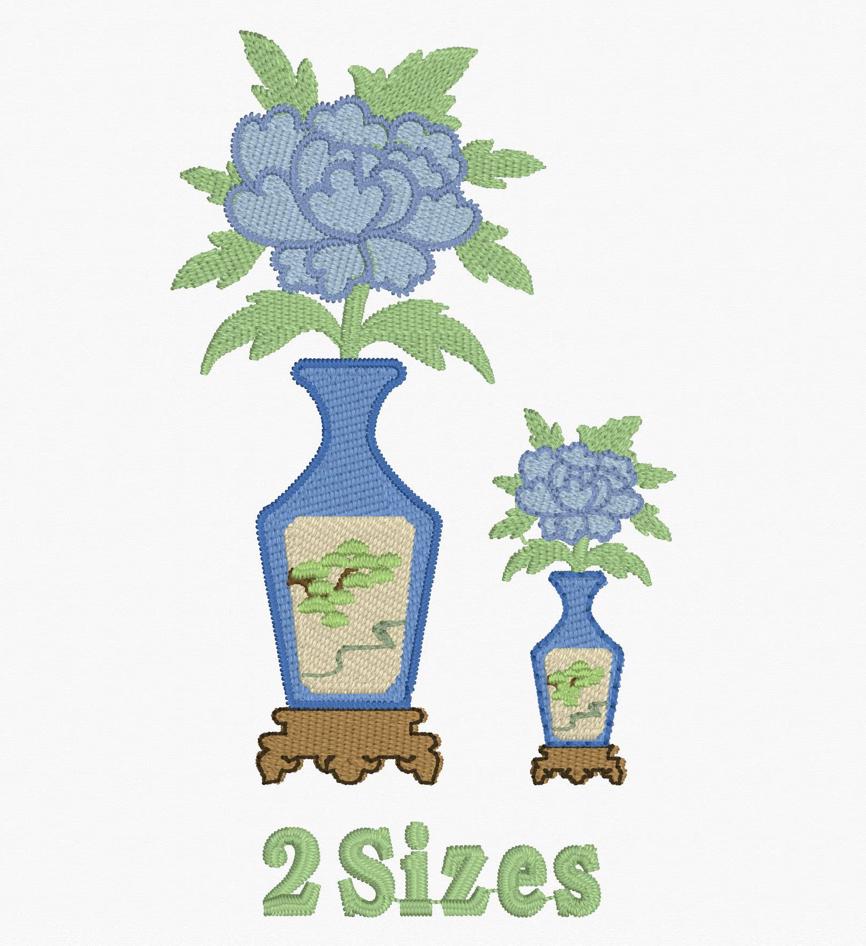 Japanese Chinoiserie Vase Embroidery File: Flower Design (2 Sizes, 10 Stitch Formats & SVG)