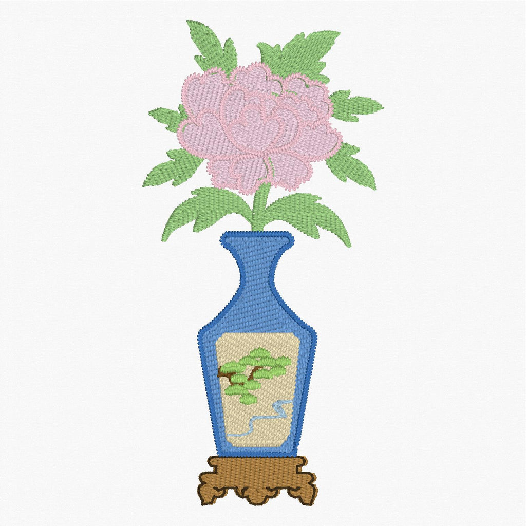 Japanese Chinoiserie Vase Embroidery File: Flower Design (2 Sizes, 10 Stitch Formats & SVG)