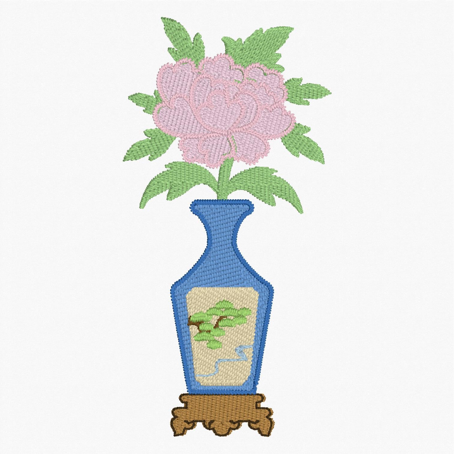 Japanese Chinoiserie Vase Embroidery File: Flower Design (2 Sizes, 10 Stitch Formats & SVG)