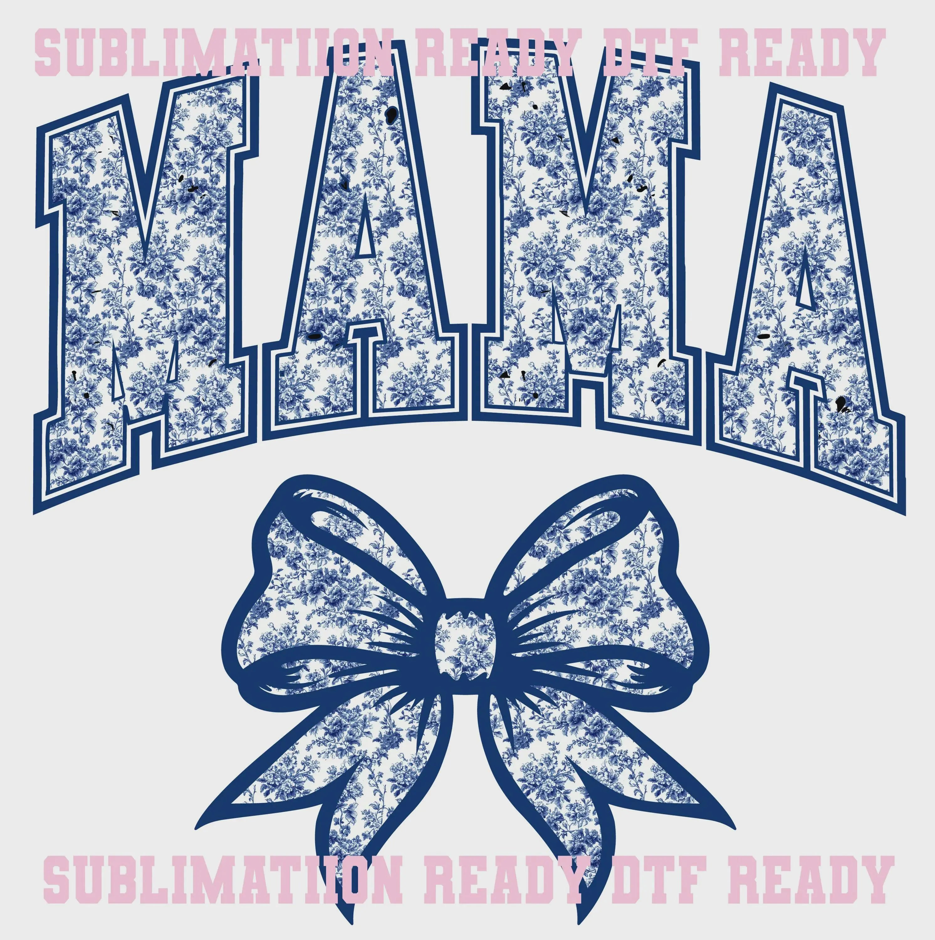 MAMA Bow Chinoiserie Blue Toile Preppy Digital Download for T-Shirt Transfer Design PNG File