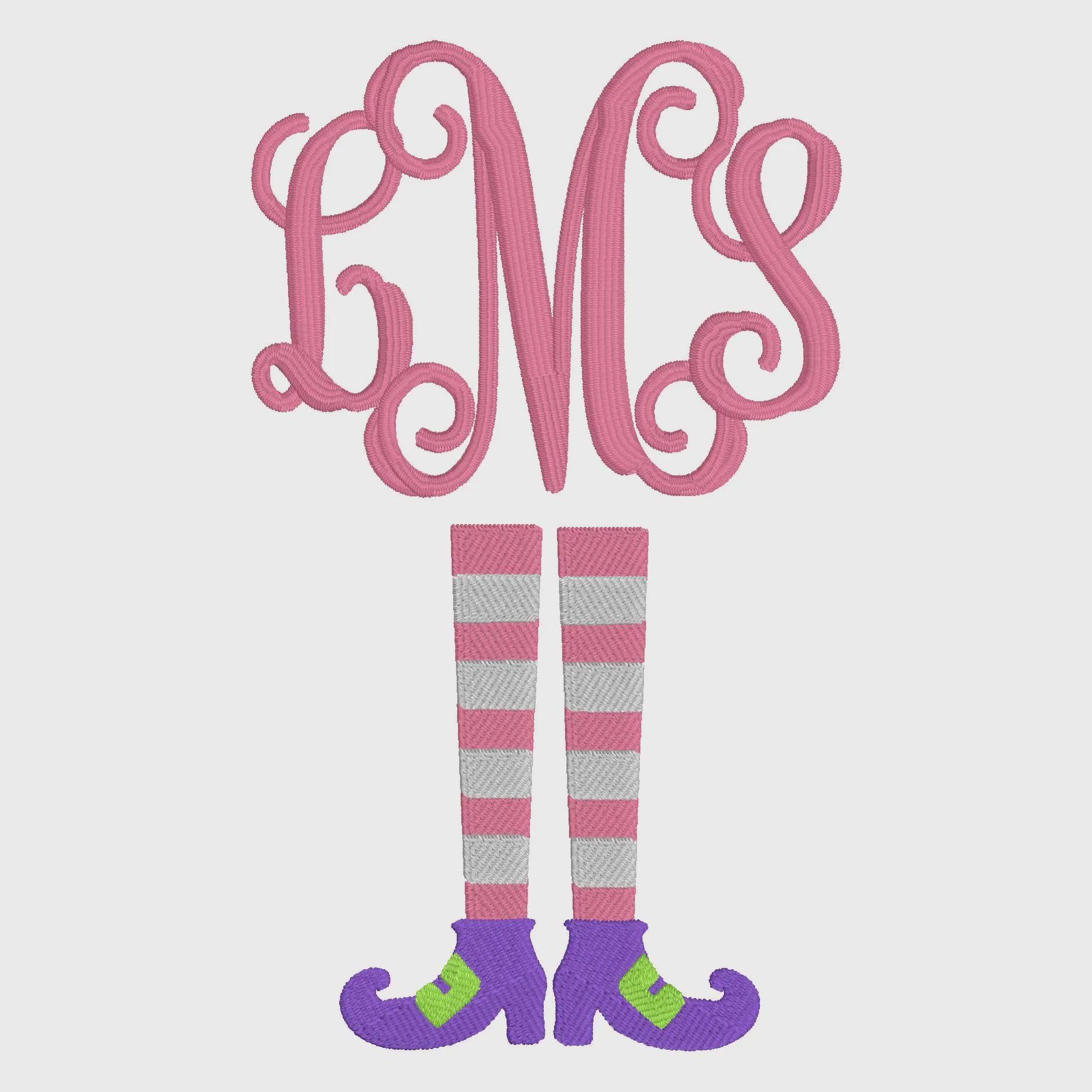 2 Sizes Striped Witch Legs Embroidery Design: Halloween Monogram Frame (10 Formats)