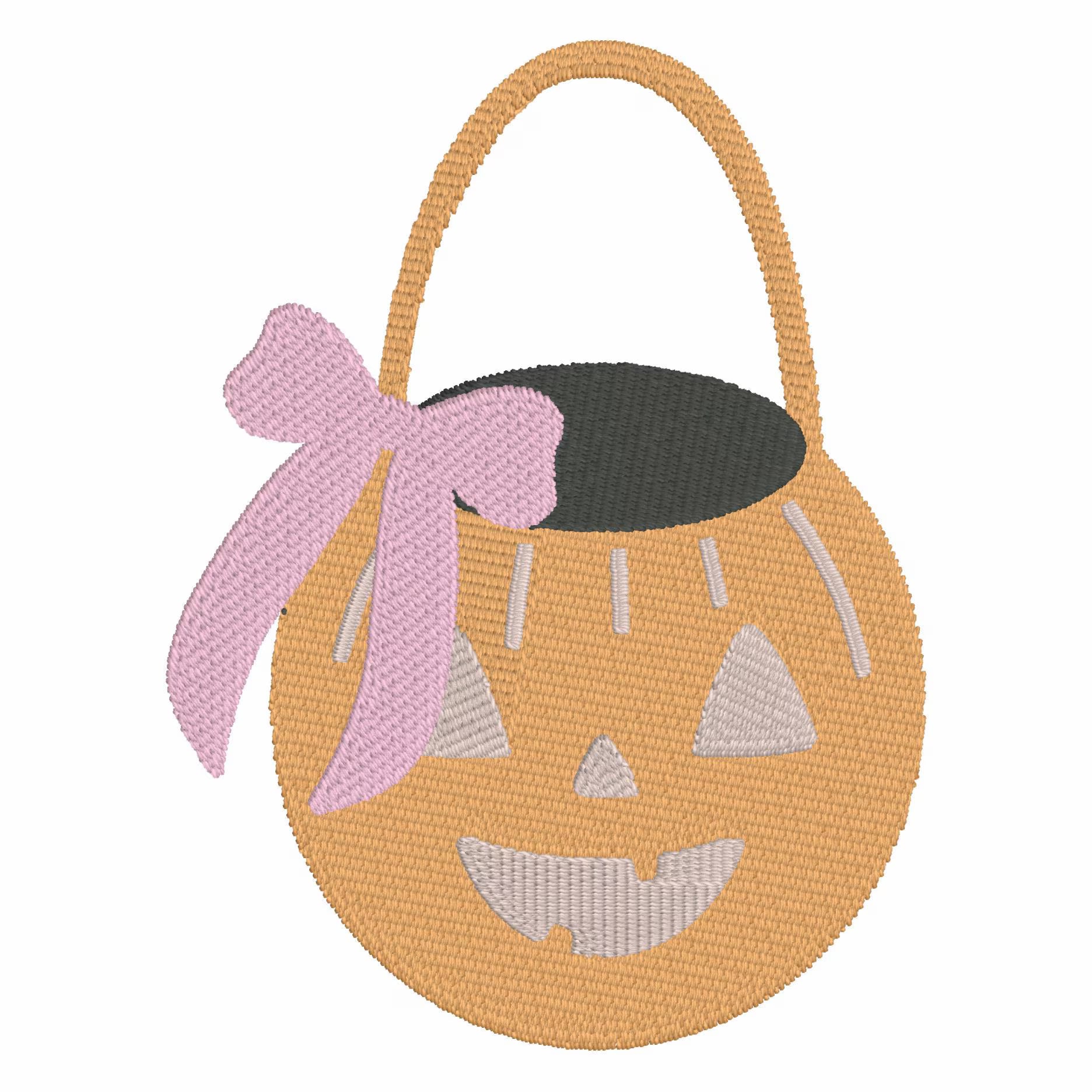 JackOLantern Pumpkin Embroidery Design: Halloween Trick or Treat Bag, Coquette Bow (2 Sizes)