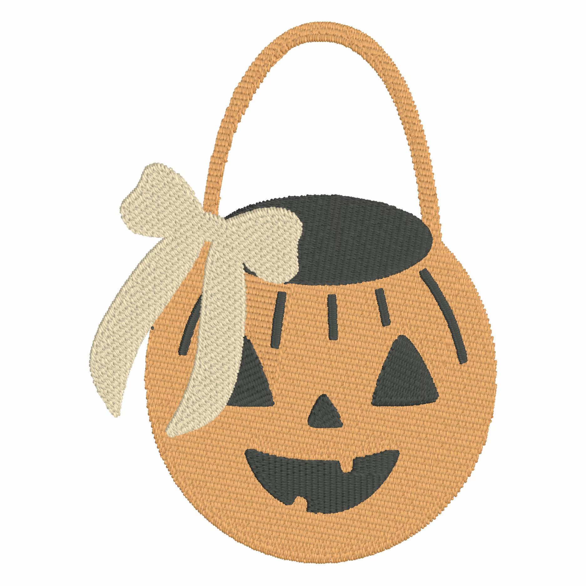 JackOLantern Pumpkin Embroidery Design: Halloween Trick or Treat Bag, Coquette Bow (2 Sizes)