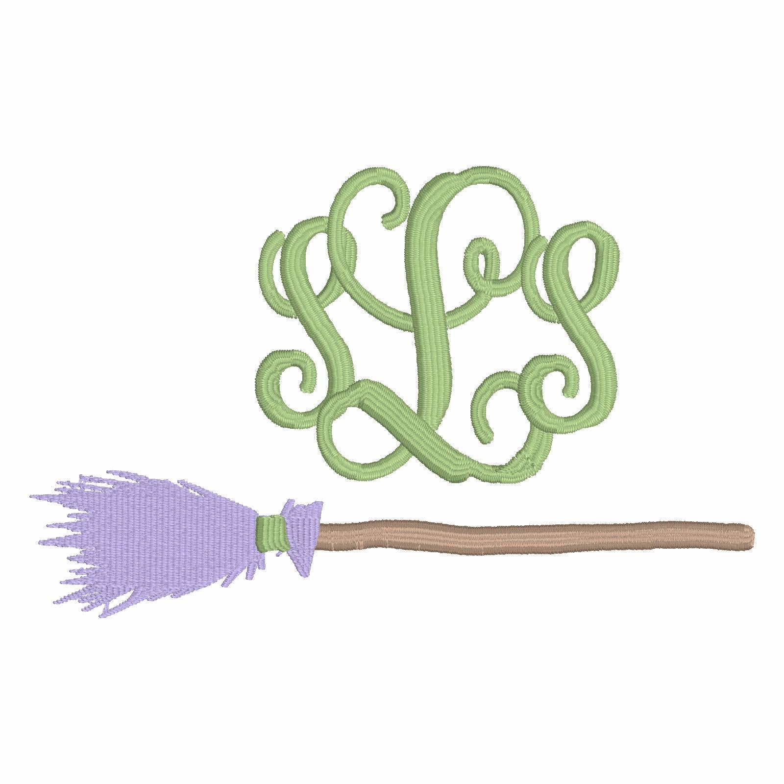 Witch Broom Embroidery Design: Halloween Monogram Frame (10 Stitch Formats)