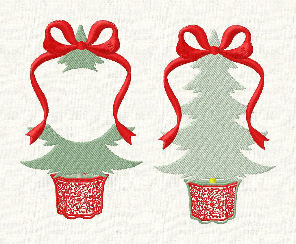 Chinoiserie Christmas Tree Embroidery Designs: Monogram Frame, Bow Topped (4 inch)