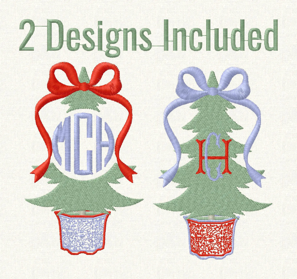 Chinoiserie Christmas Tree Embroidery Designs: Monogram Frame, Bow Topped (4 inch)