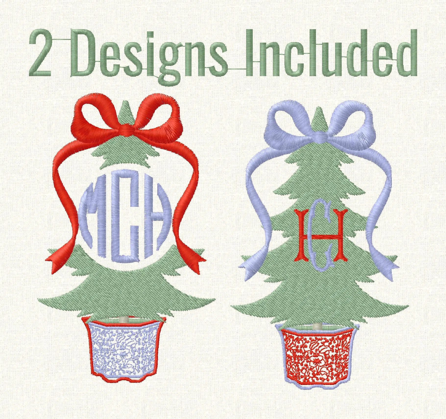 Chinoiserie Christmas Tree Embroidery Designs: Monogram Frame, Bow Topped (4 inch)
