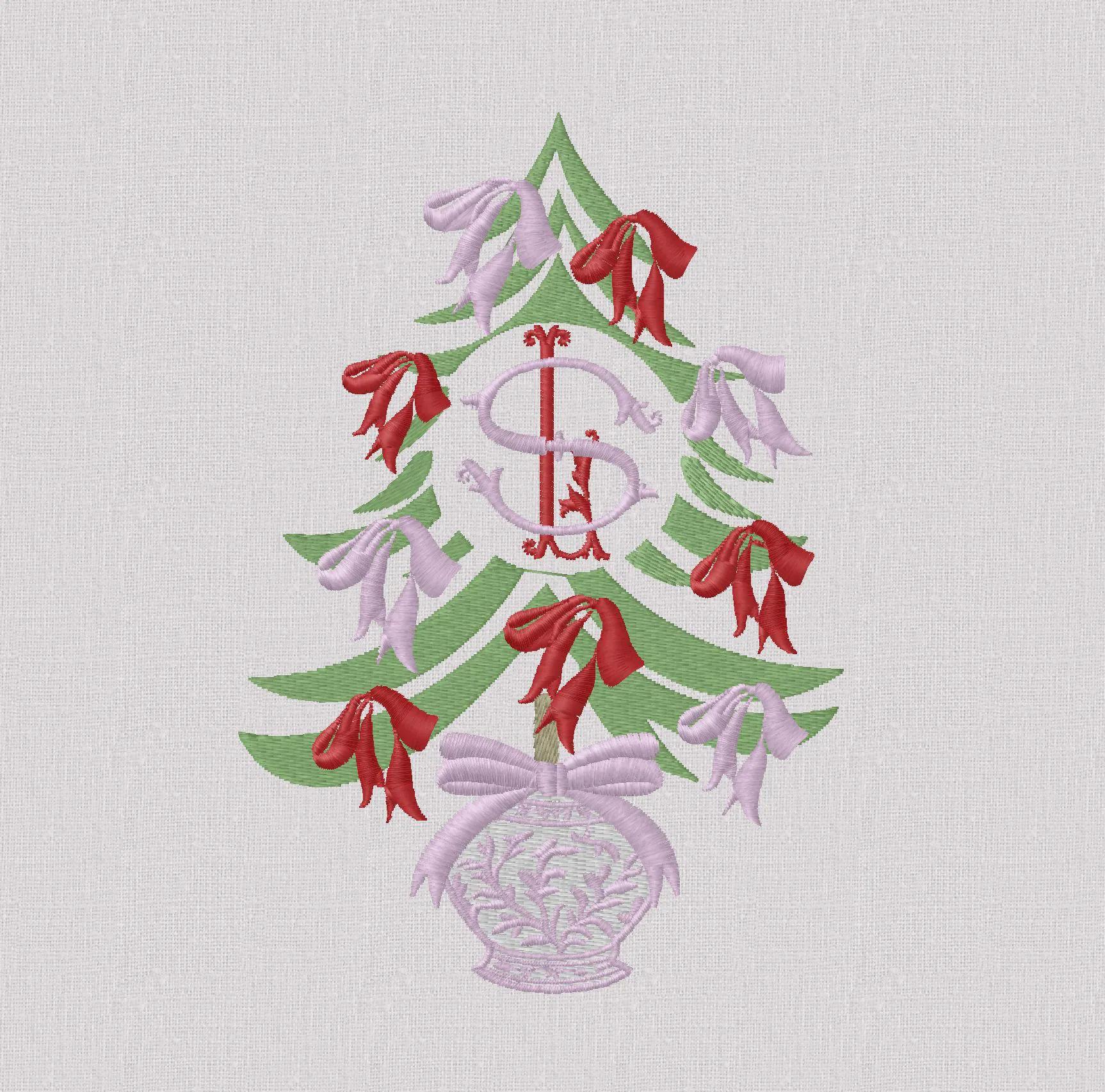 Chinoiserie Christmas Tree Embroidery Design: Bows Monogram Frame (7 inch, 10 Formats, Instant Download)