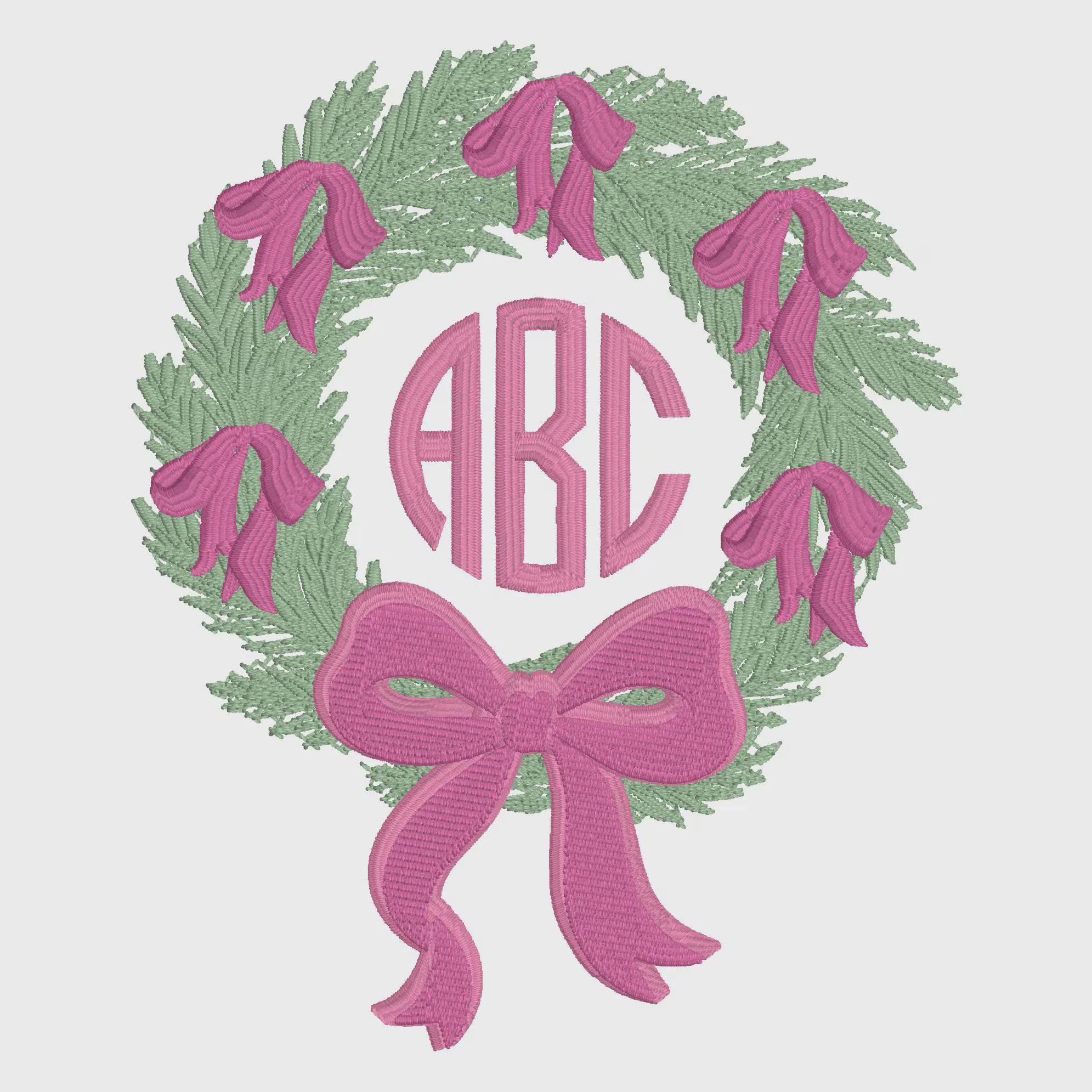 Christmas Wreath Monogram Frame Embroidery Design: Bow Stitch File (2 Sizes, 4" & 5")