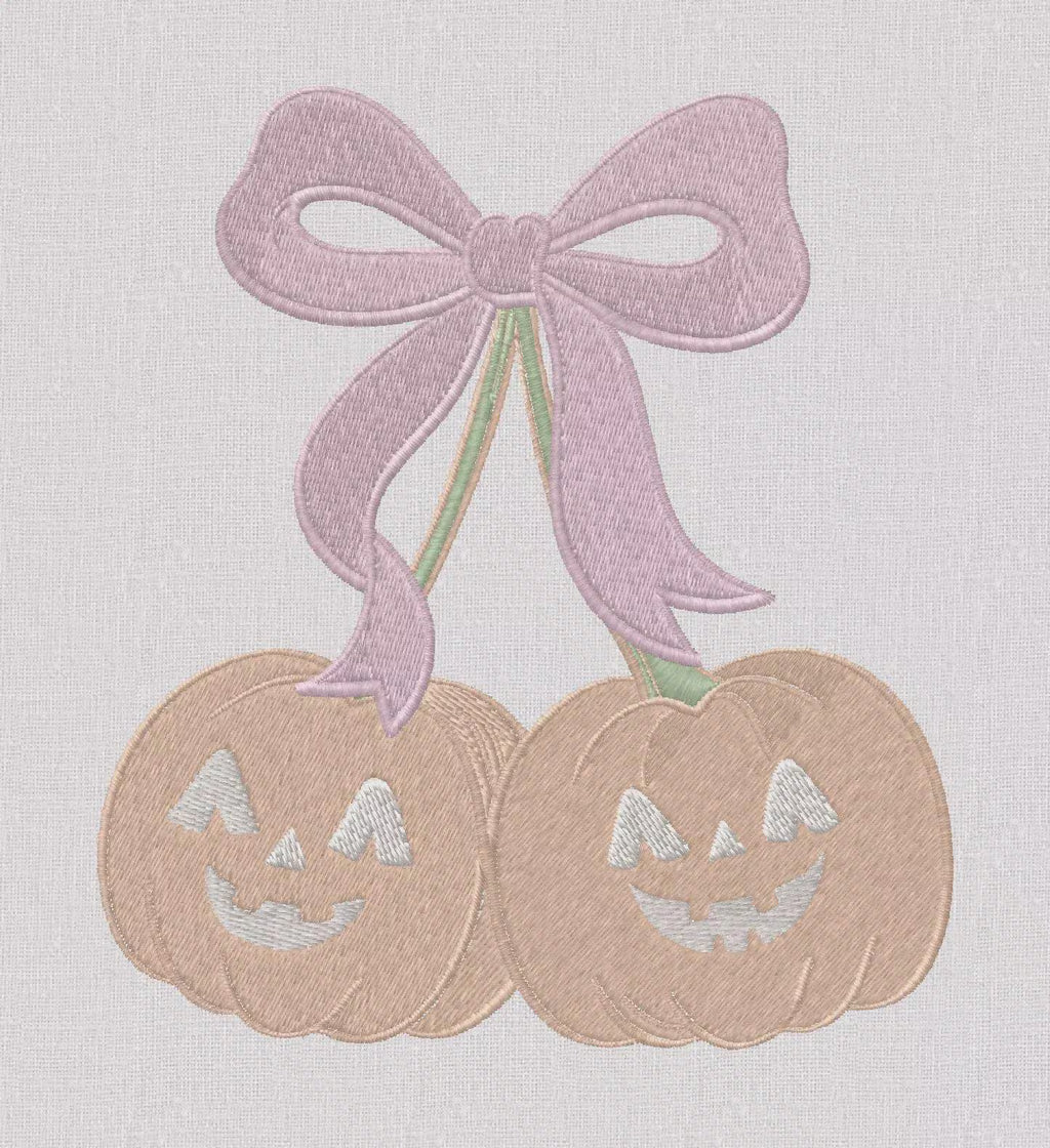 Pumpkin Cherries Coquette Bow Embroidery File: Fall Stitch Design (10 Formats)