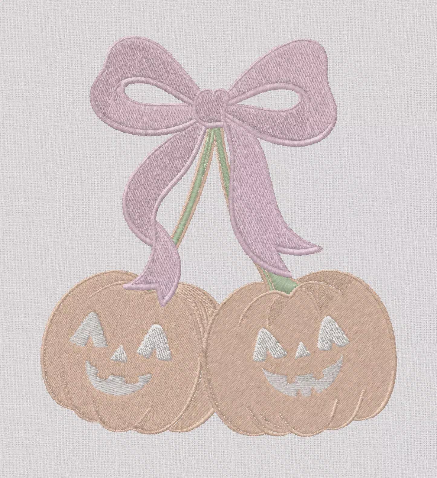 Pumpkin Cherries Coquette Bow Embroidery File: Fall Stitch Design (10 Formats)