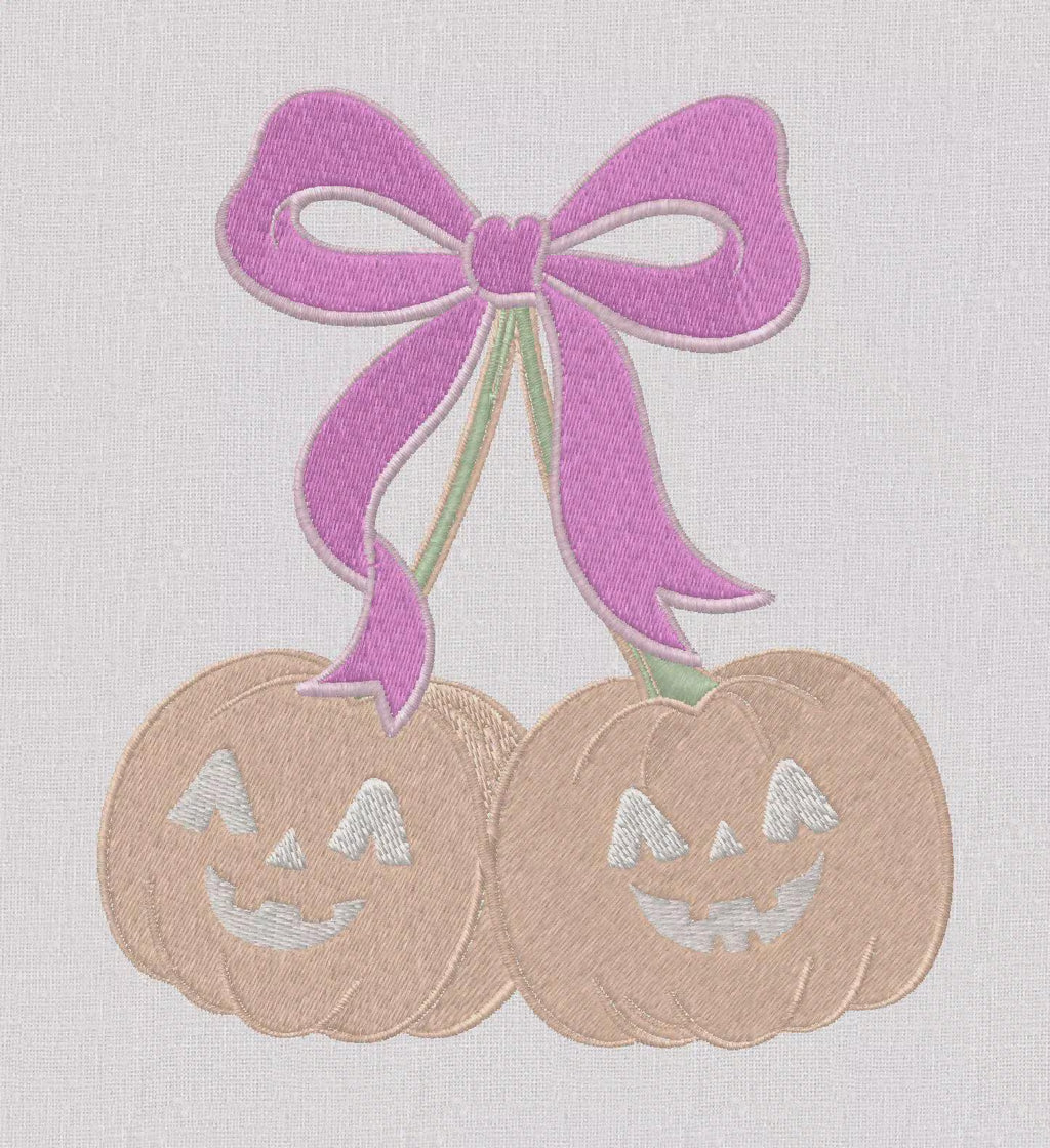 Pumpkin Cherries Coquette Bow Embroidery File: Fall Stitch Design (10 Formats)
