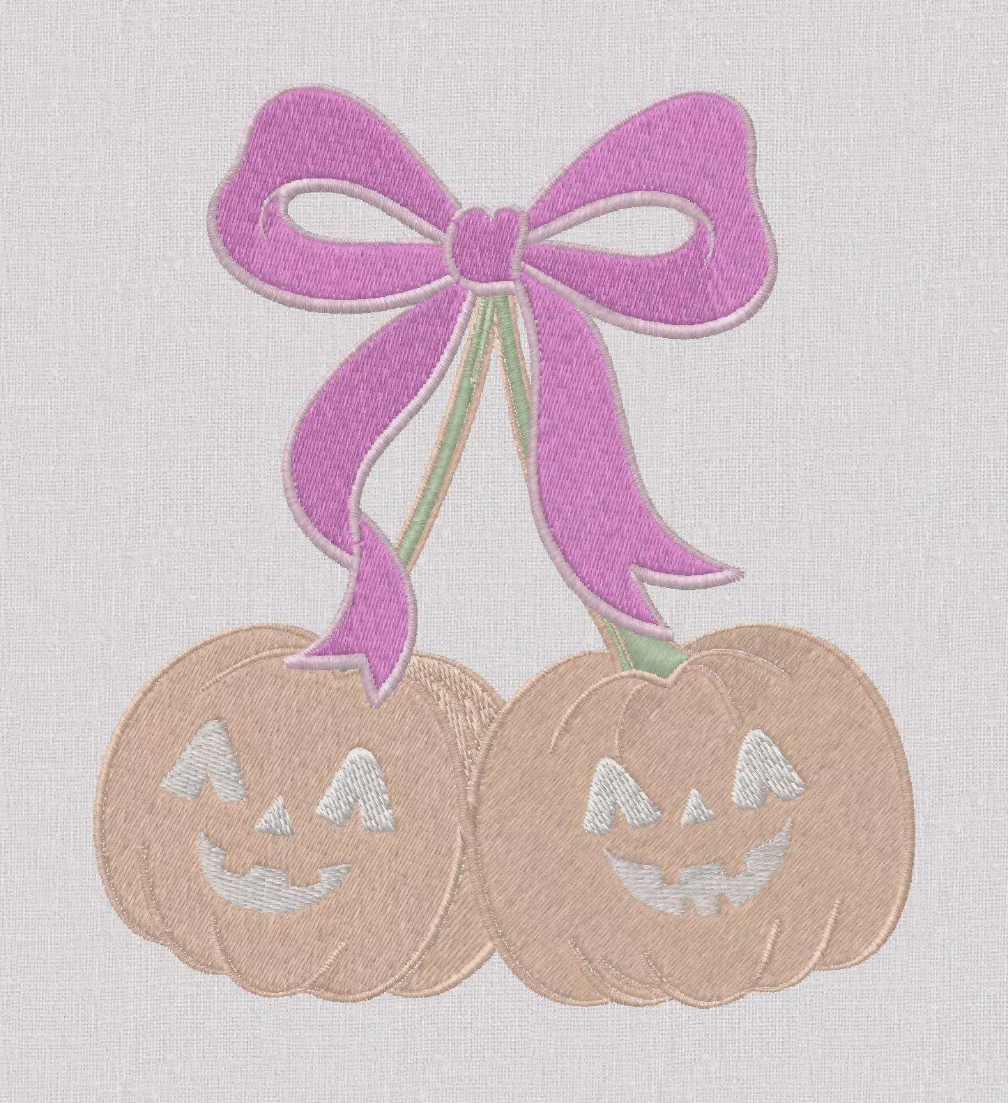 Pumpkin Cherries Coquette Bow Embroidery File: Fall Stitch Design (10 Formats)