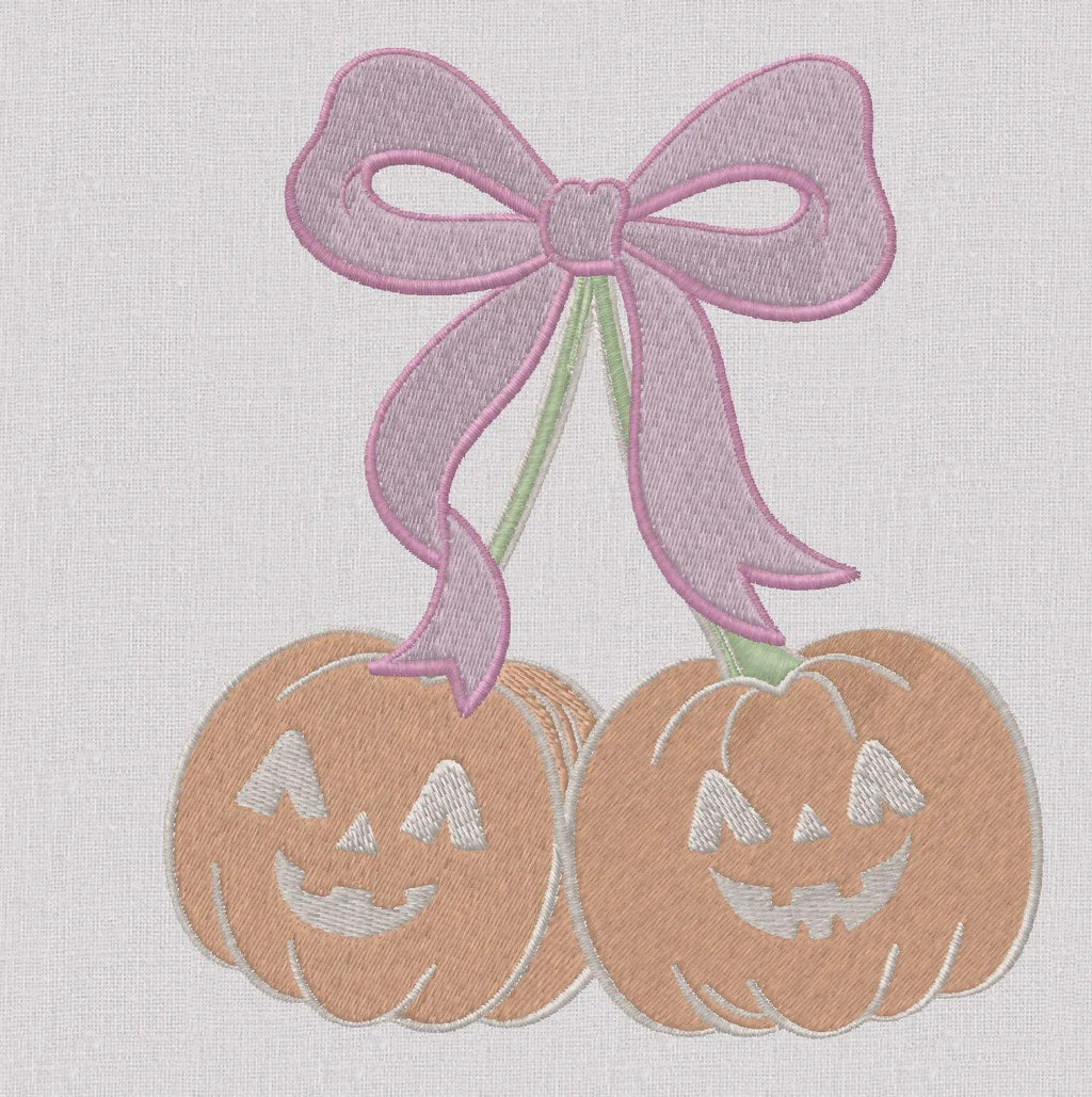 Pumpkin Cherries Coquette Bow Embroidery File: Fall Stitch Design (10 Formats)