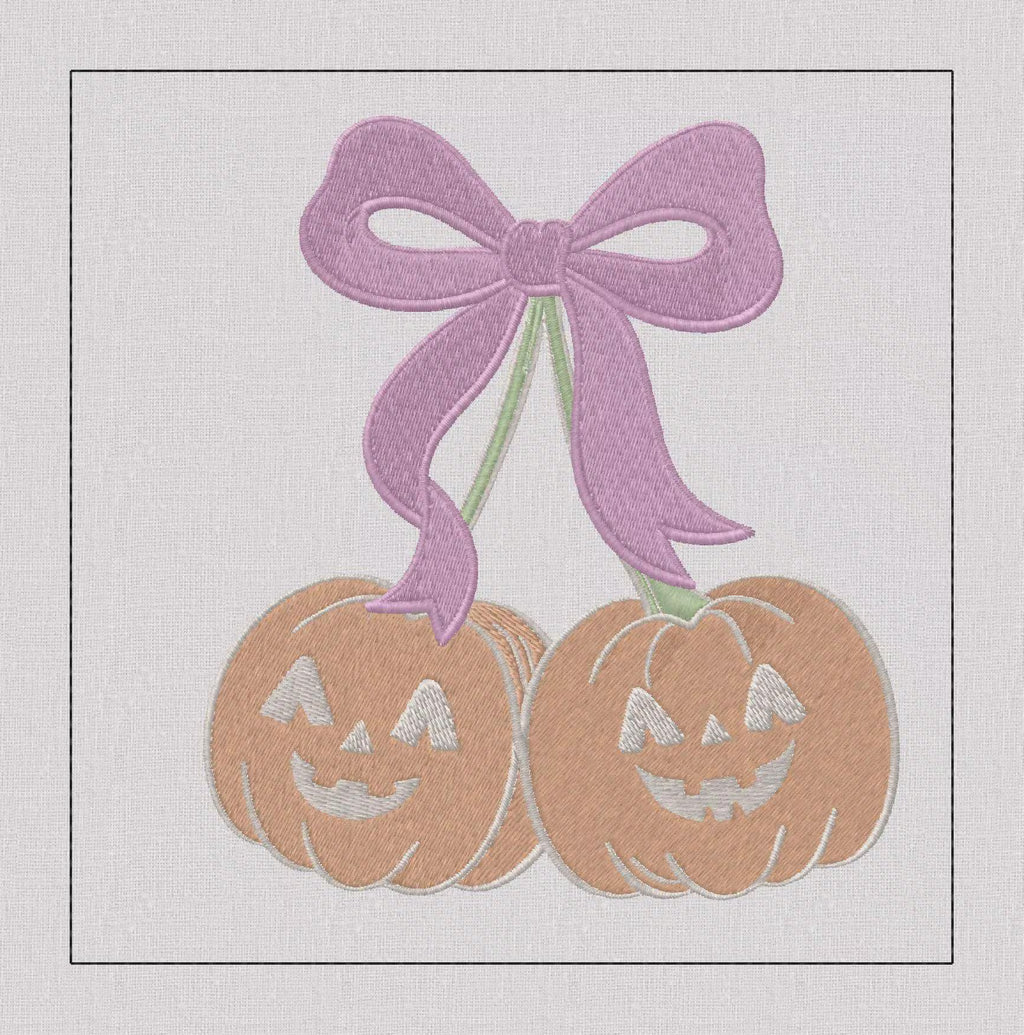 Pumpkin Cherries Coquette Bow Embroidery File: Fall Stitch Design (10 Formats)