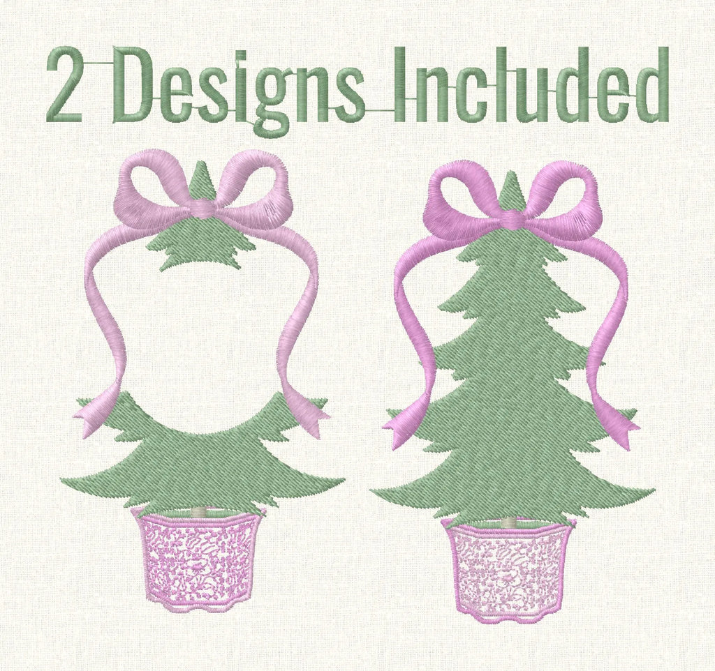 Chinoiserie Christmas Tree Embroidery Designs: Monogram Frame, Bow Topped (4 inch)