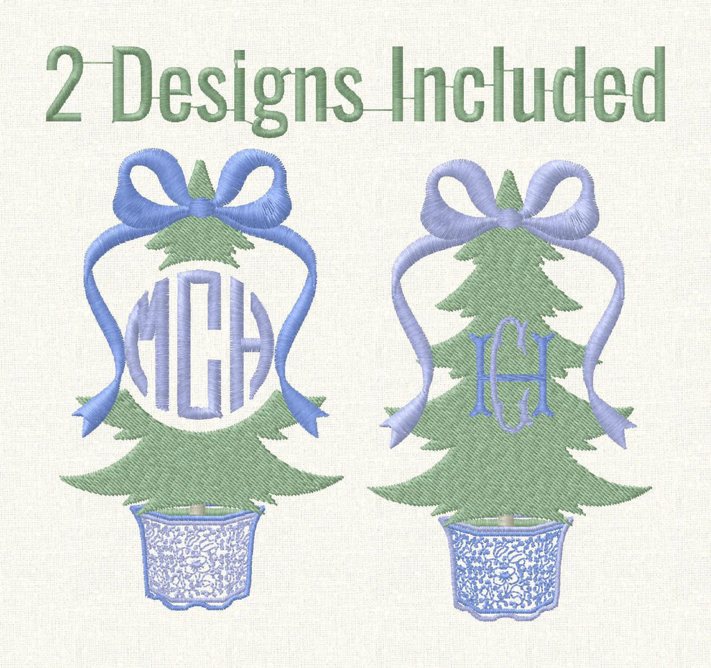 Chinoiserie Christmas Tree Embroidery Designs: Monogram Frame, Bow Topped (4 inch)