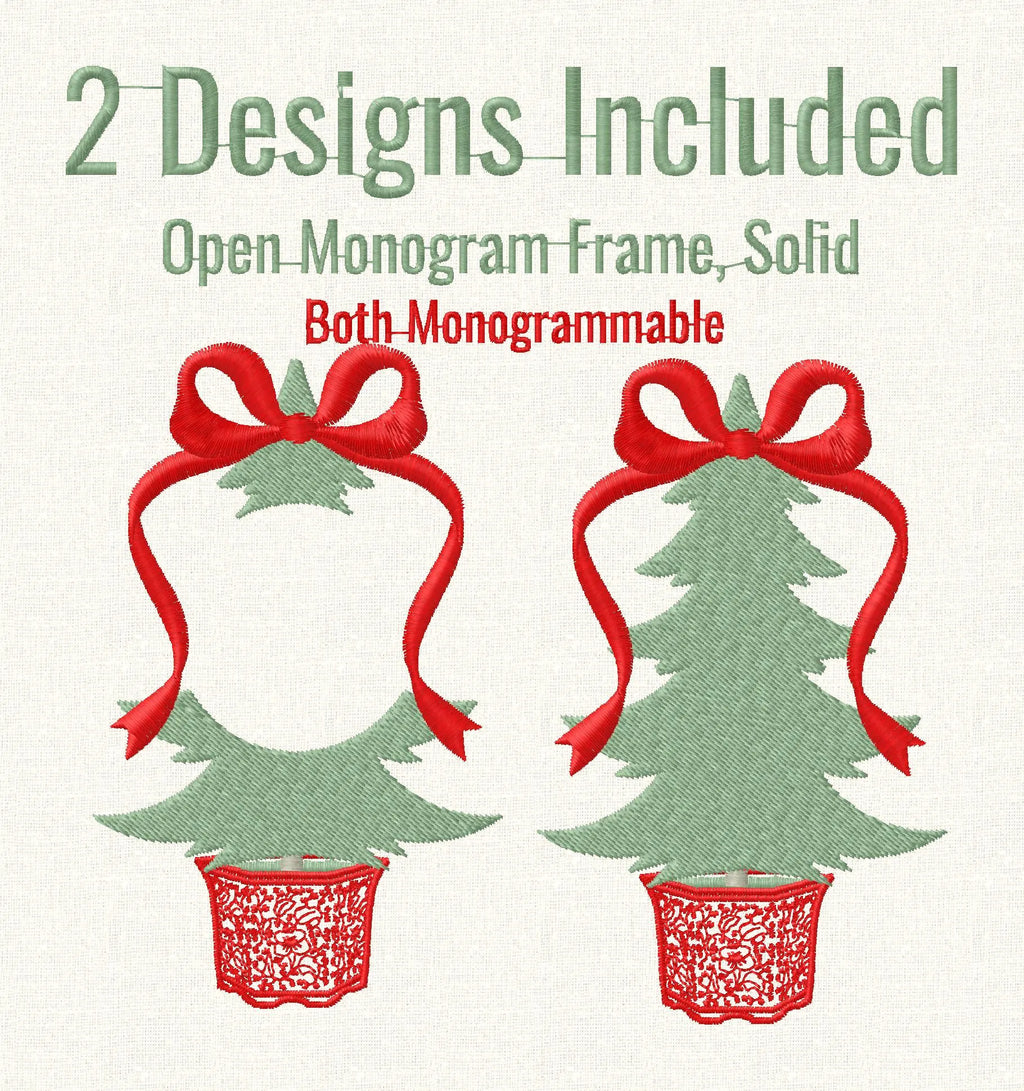 Chinoiserie Christmas Tree Embroidery Designs: Monogram Frame, Bow Topped (4 inch)