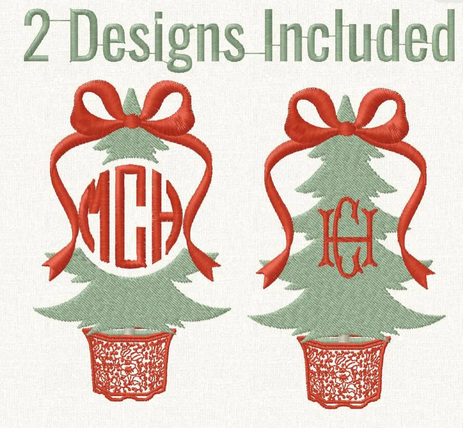 Chinoiserie Christmas Tree Embroidery Designs: Monogram Frame, Bow Topped (4 inch)